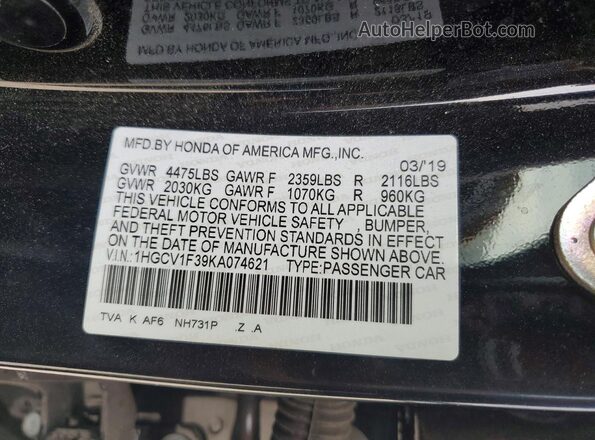 1HGCV1F39KA074621 2019 HONDA ACCORD Черный Вид наклейки с VIN-кодом