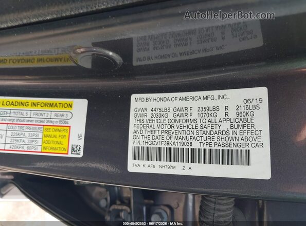 1HGCV1F39KA119038 2019 HONDA ACCORD Gray Շարժիչի բաժամունքի տեսք