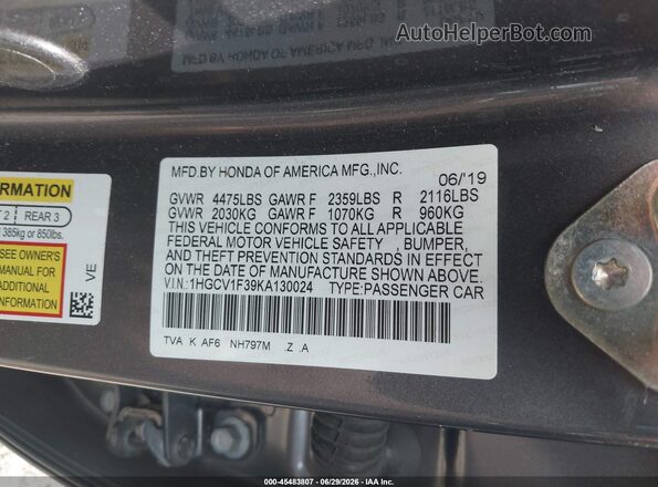 1HGCV1F39KA130024 2019 HONDA ACCORD Серый Вид подкапотного пространства
