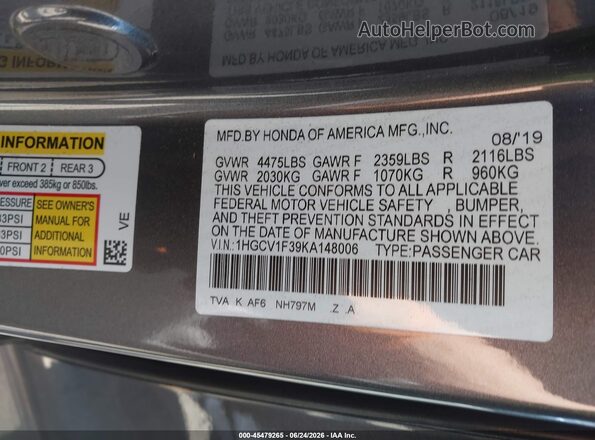 1HGCV1F39KA148006 2019 HONDA ACCORD Серый Вид подкапотного пространства