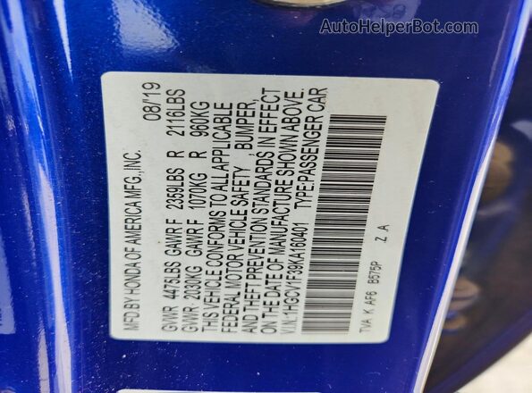 1HGCV1F39KA160401 2019 HONDA ACCORD Синий Вид подкапотного пространства
