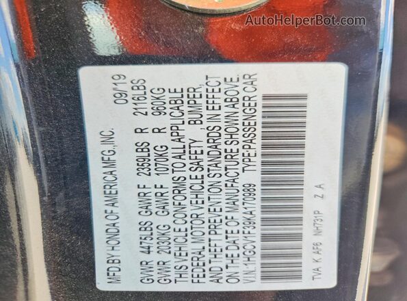 1HGCV1F39KA170989 2019 HONDA ACCORD Black Widok naklejki z numerem VIN