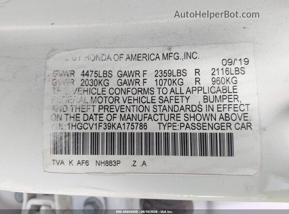 1HGCV1F39KA175786 2019 HONDA ACCORD White Вид підкапотного простору
