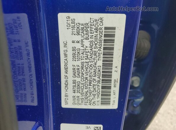 1HGCV1F39LA023413 2020 HONDA ACCORD Blue Вид наклейки з VIN-кодом