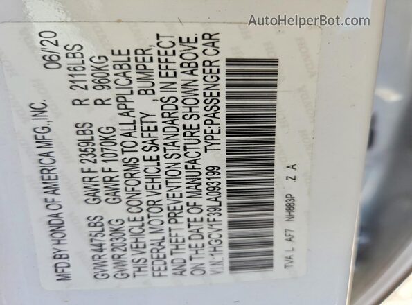 1HGCV1F39LA093199 2020 HONDA ACCORD White Widok naklejki z numerem VIN