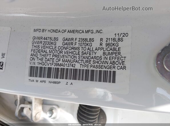 1HGCV1F39MA013742 2021 HONDA ACCORD White ძრავის განყოფილების ხედი