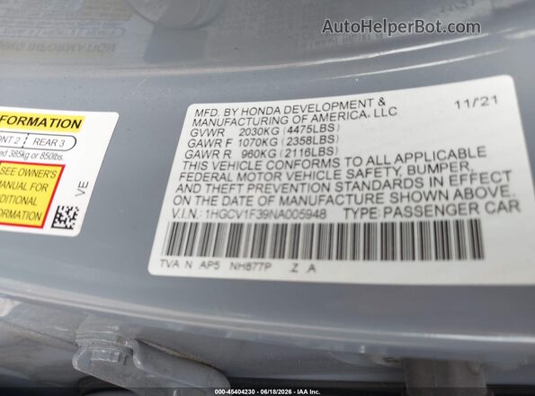 1HGCV1F39NA005948 2022 HONDA ACCORD Teal Вид підкапотного простору