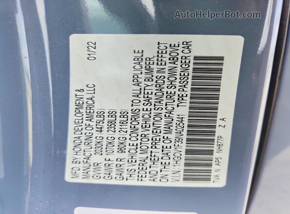 1HGCV1F39NA025441 2022 HONDA ACCORD Gray VIN կոդի պիտակի տեսք