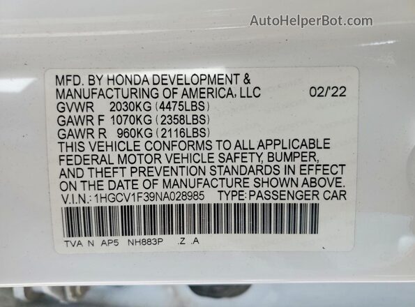 1HGCV1F39NA028985 2022 HONDA ACCORD Белый Вид подкапотного пространства
