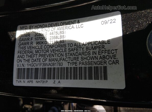 1HGCV1F39NA081783 2022 HONDA ACCORD Black ძრავის განყოფილების ხედი