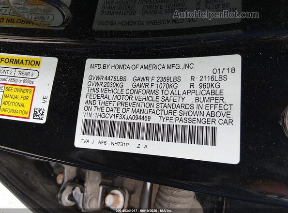 1HGCV1F3XJA094469 2018 HONDA ACCORD Черный Вид подкапотного пространства