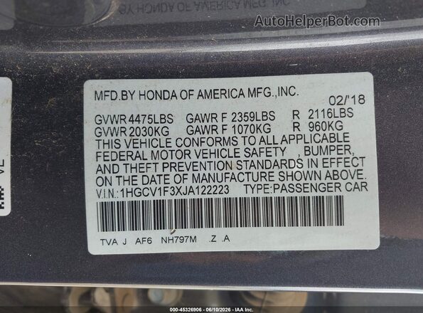 1HGCV1F3XJA122223 2018 HONDA ACCORD Gray Շարժիչի բաժամունքի տեսք