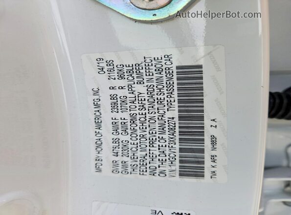 1HGCV1F3XKA082274 2019 HONDA ACCORD White Widok komory silnika