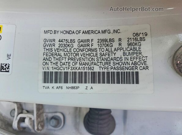 1HGCV1F3XKA151562 2019 HONDA ACCORD White Вид підкапотного простору