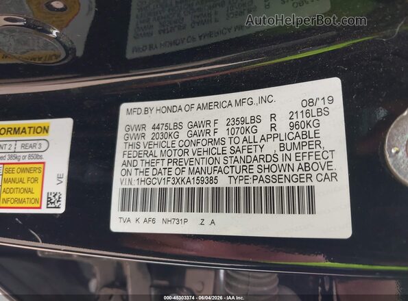 1HGCV1F3XKA159385 2019 HONDA ACCORD Black Vista del compartimento del motor