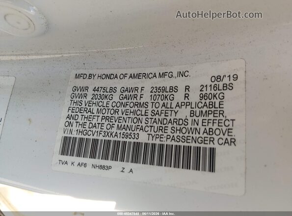 1HGCV1F3XKA159533 2019 HONDA ACCORD White Շարժիչի բաժամունքի տեսք