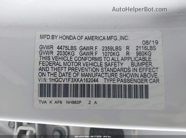1HGCV1F3XKA162044 2019 HONDA ACCORD White Engine compartment view