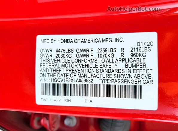 1HGCV1F3XLA059532 2020 HONDA ACCORD Красный 