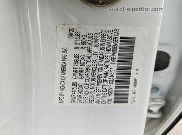 1HGCV1F3XLA143737 2020 HONDA ACCORD Белый 