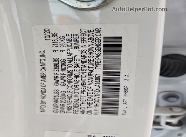 1HGCV1F3XLA153071 2020 HONDA ACCORD White ძრავის განყოფილების ხედი