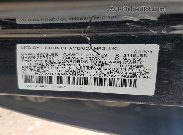 1HGCV1F3XMA054901 2021 HONDA ACCORD Black Widok komory silnika