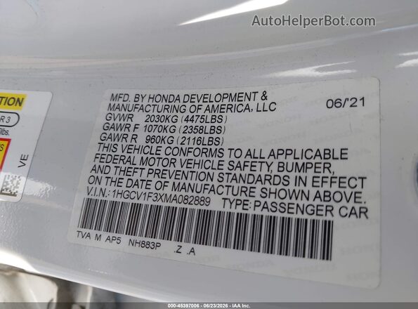 1HGCV1F3XMA082889 2021 HONDA ACCORD White Vista del compartimento del motor