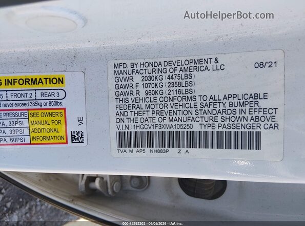 1HGCV1F3XMA105250 2021 HONDA ACCORD White Vista del compartimento del motor