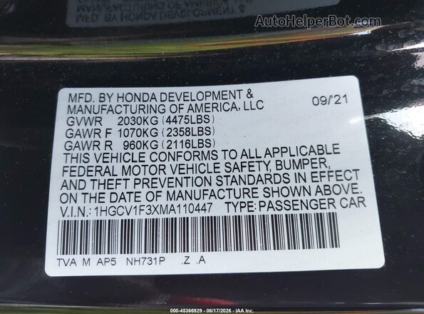 1HGCV1F3XMA110447 2021 HONDA ACCORD Black Вид підкапотного простору