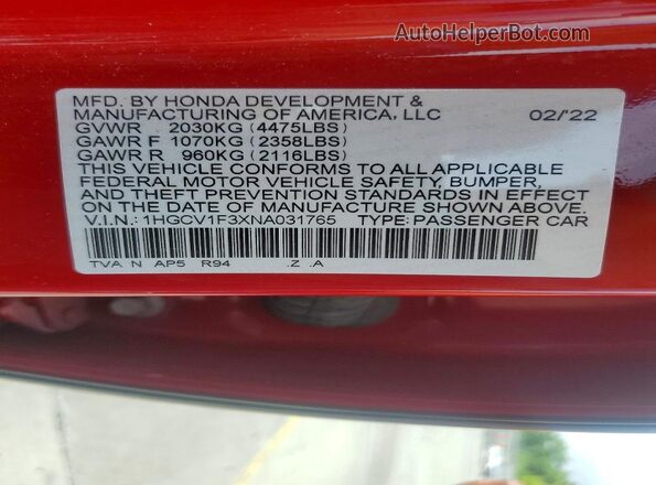 1HGCV1F3XNA031765 2022 HONDA ACCORD Red Vista del compartimento del motor