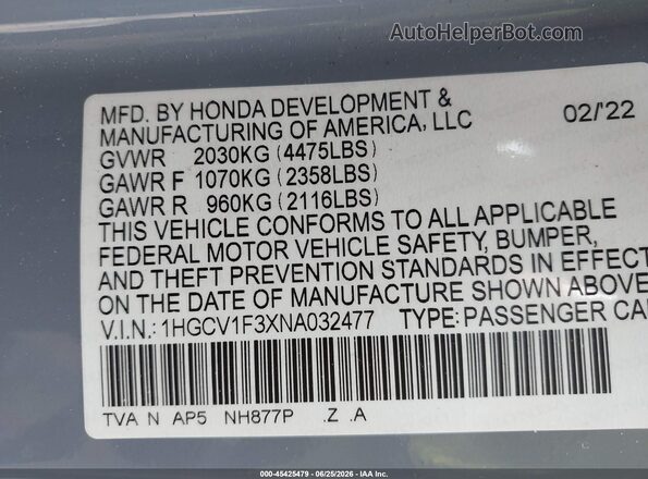1HGCV1F3XNA032477 2022 HONDA ACCORD Blue Widok komory silnika