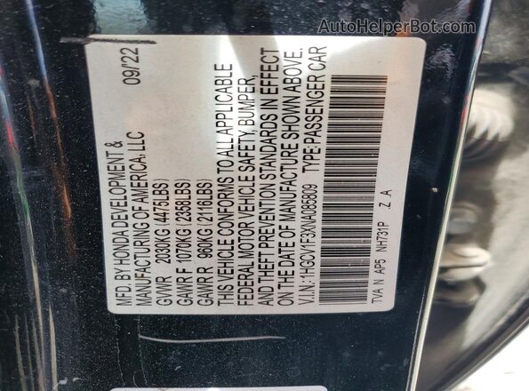 1HGCV1F3XNA085809 2022 HONDA ACCORD Black Շարժիչի բաժամունքի տեսք