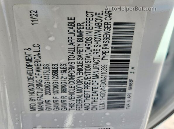 1HGCV1F3XNA110899 2022 HONDA ACCORD White 