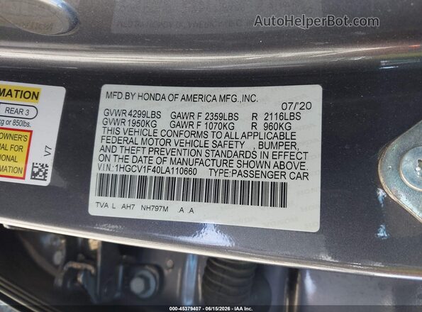 1HGCV1F40LA110660 2020 HONDA ACCORD Gray Widok komory silnika