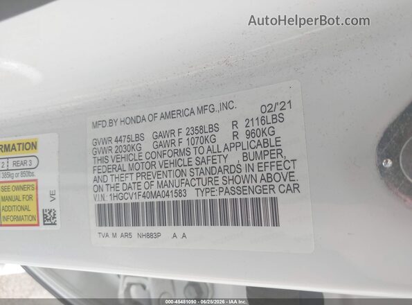 1HGCV1F40MA041583 2021 HONDA ACCORD White ძრავის განყოფილების ხედი