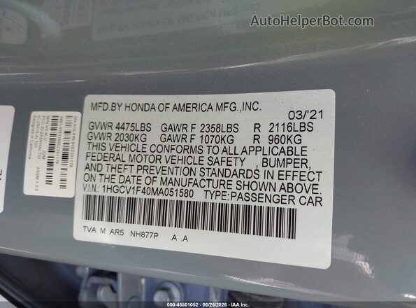 1HGCV1F40MA051580 2021 HONDA ACCORD Gray Widok komory silnika