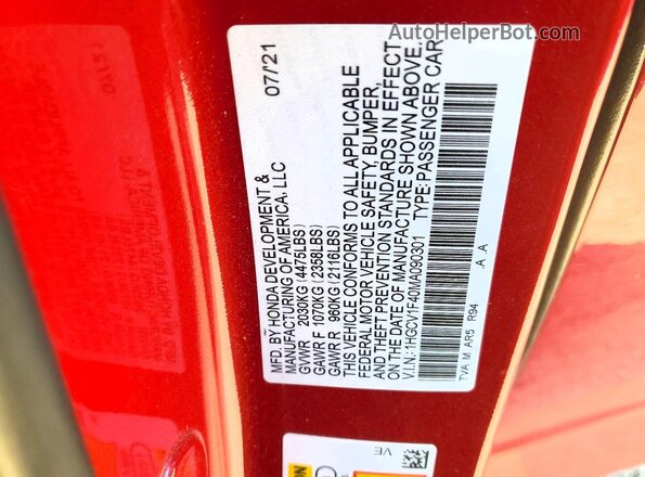 1HGCV1F40MA090301 2021 HONDA ACCORD Red 