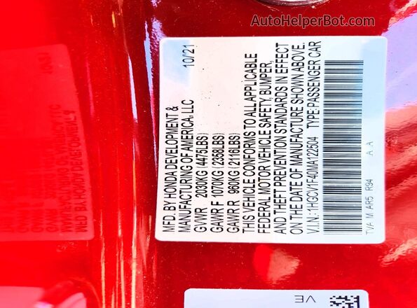 1HGCV1F40MA122504 2021 HONDA ACCORD Red 
