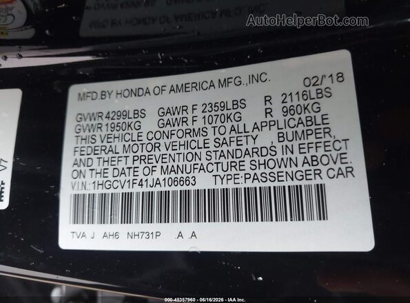 1HGCV1F41JA106663 2018 HONDA ACCORD Black Вид підкапотного простору