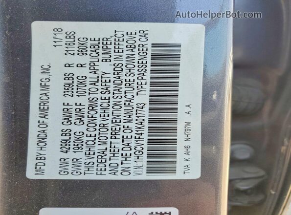 1HGCV1F41KA017743 2019 HONDA ACCORD Gray Widok naklejki z numerem VIN