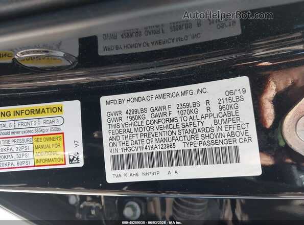 1HGCV1F41KA123965 2019 HONDA ACCORD Черный Вид подкапотного пространства