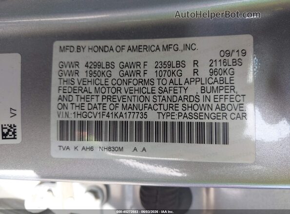 1HGCV1F41KA177735 2019 HONDA ACCORD Gray Engine compartment view