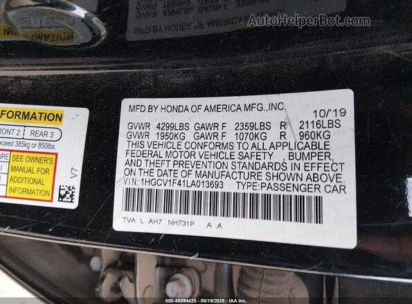 1HGCV1F41LA013693 2020 HONDA ACCORD Black ძრავის განყოფილების ხედი