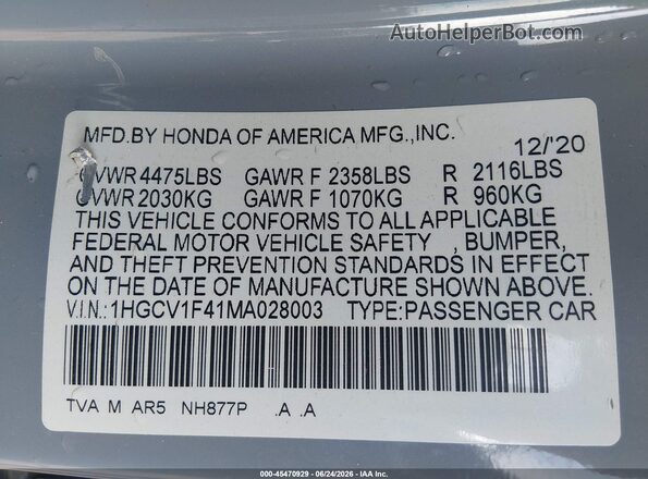 1HGCV1F41MA028003 2021 HONDA ACCORD Light Blue ძრავის განყოფილების ხედი