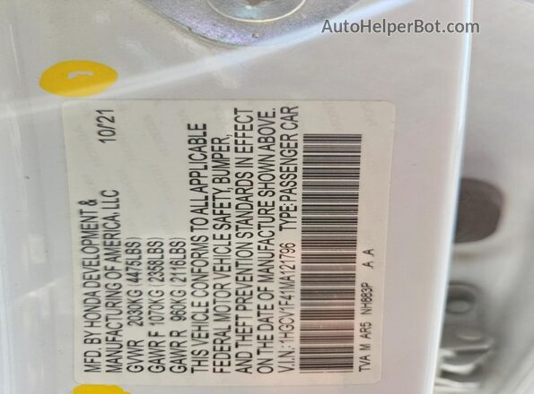 1HGCV1F41MA121796 2021 HONDA ACCORD Белый Вид подкапотного пространства