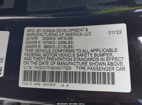 1HGCV1F42NA017528 2022 HONDA ACCORD Black Вид підкапотного простору