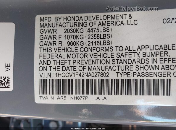 1HGCV1F42NA027802 2022 HONDA ACCORD Blue Вид підкапотного простору