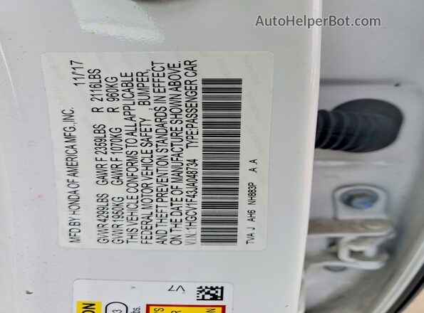 1HGCV1F43JA048734 2018 HONDA ACCORD White Widok naklejki z numerem VIN