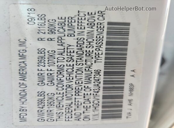 1HGCV1F43JA247346 2018 HONDA ACCORD Белый Вид наклейки с VIN-кодом