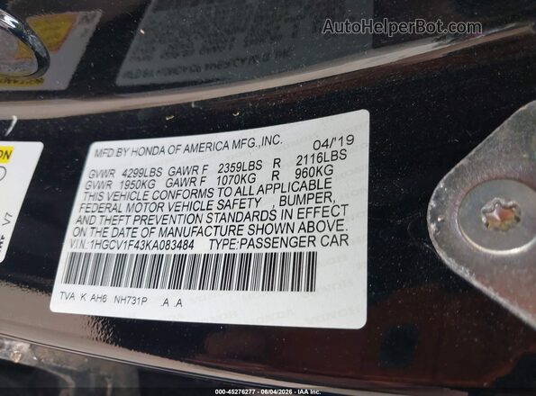 1HGCV1F43KA083484 2019 HONDA ACCORD Black Շարժիչի բաժամունքի տեսք