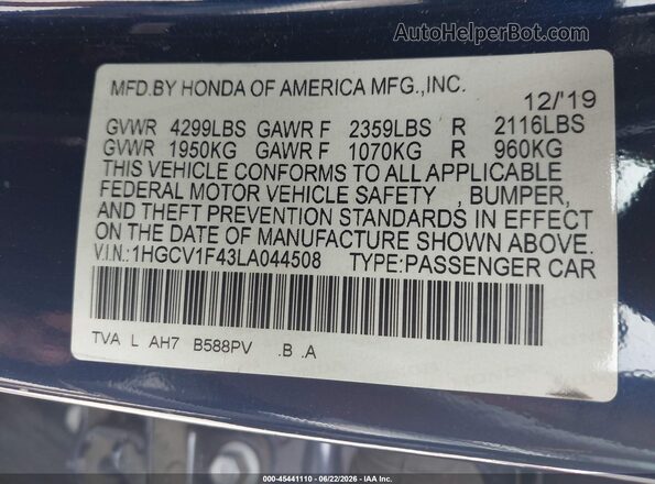 1HGCV1F43LA044508 2020 HONDA ACCORD Dark Blue ძრავის განყოფილების ხედი
